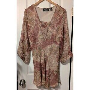 New York City Design Co Silk Blouse 2X Boho 3/4 Sleeve Floral Brown